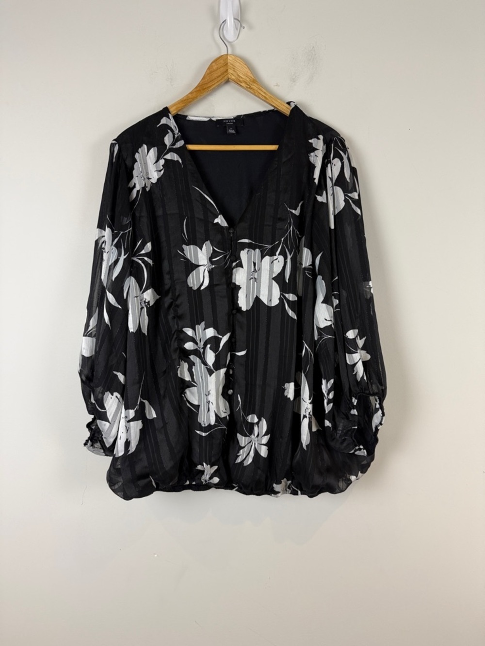 Haver Black Blouse with White Floral Print - Women Tops